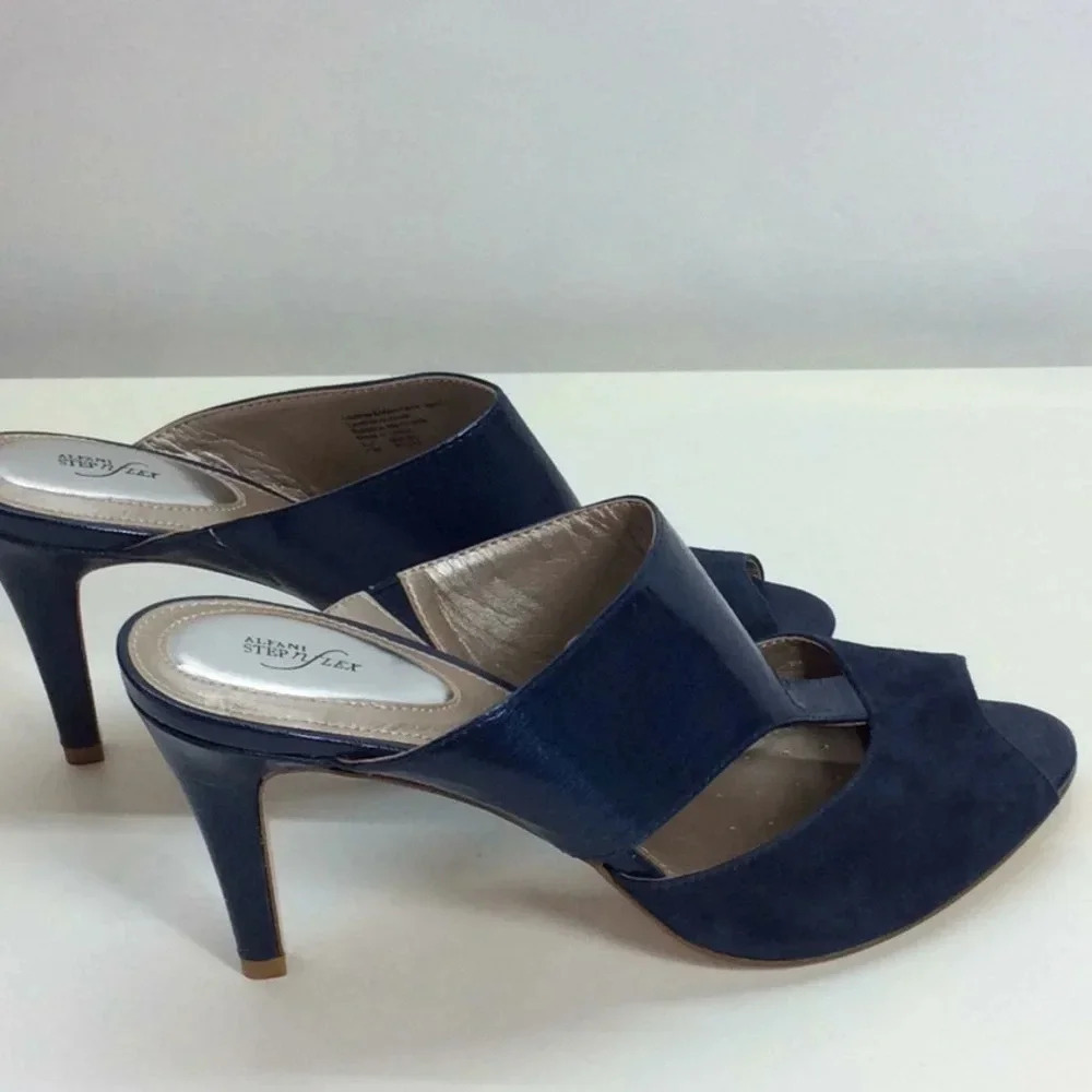 Navy Open Toe SlipOn Heeled Sandals - Picture 2 of 8